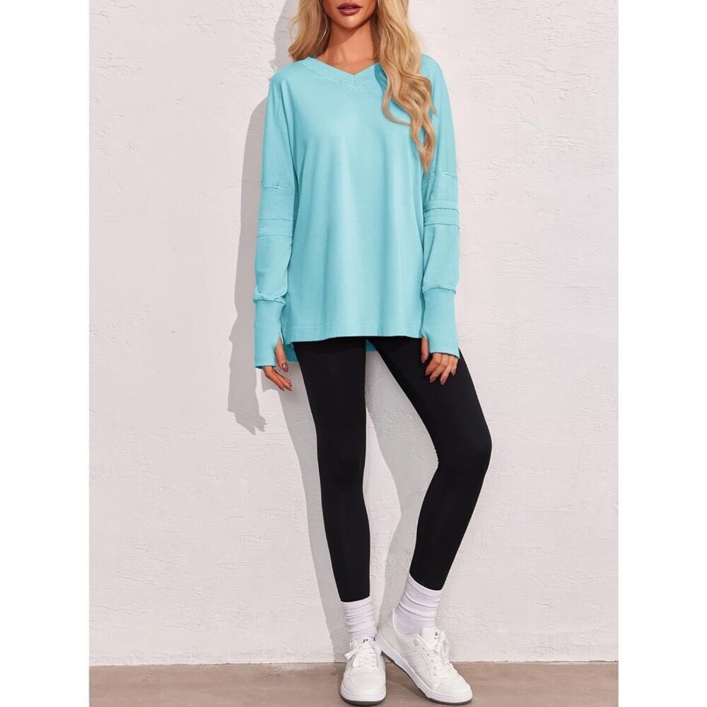 Womens Oversized Long Sleeve V Neck T Shirts Casual Tunic Tops for Leggings - Picture 6 of 6